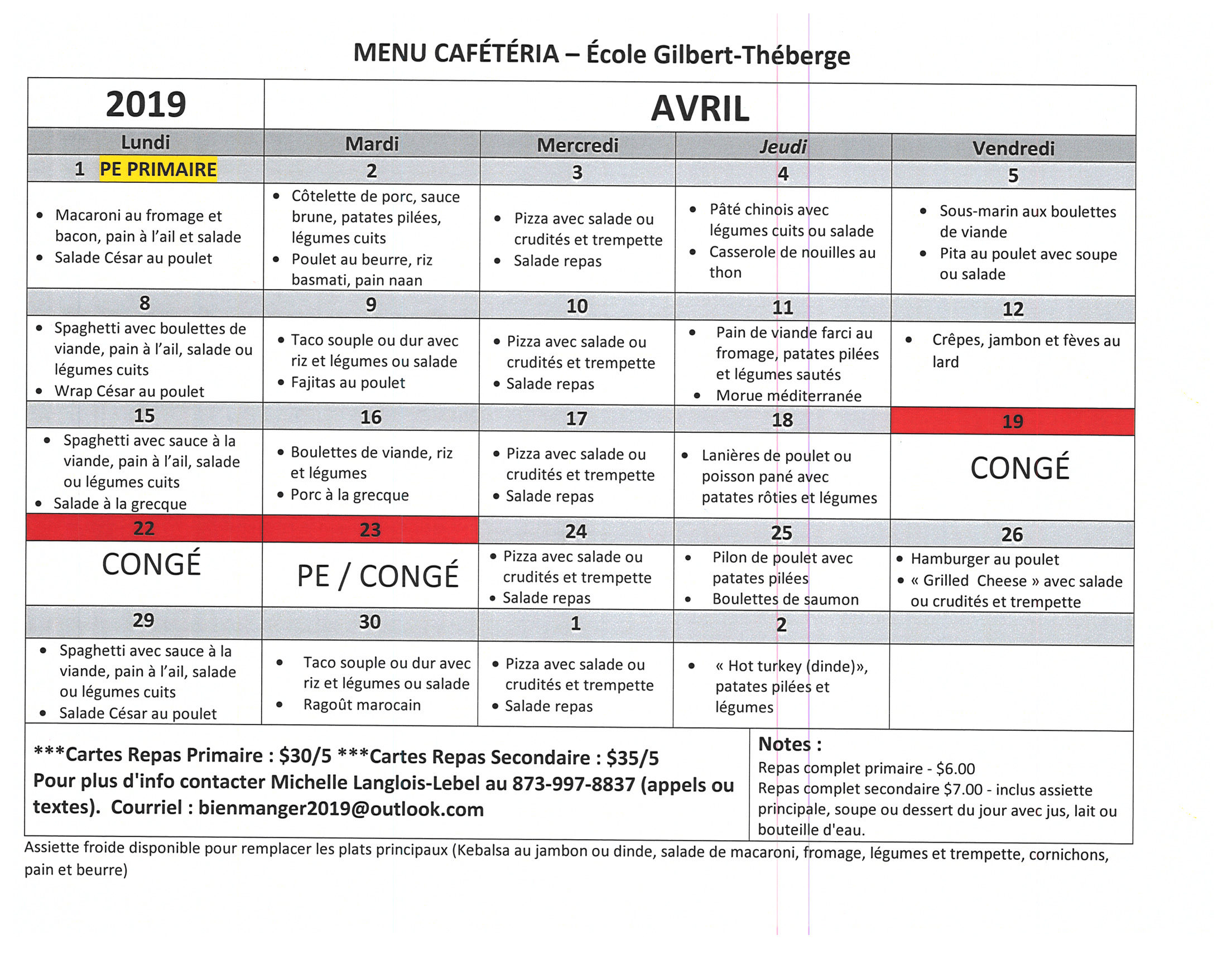 CAFÉTÉRIA – Menu – Avril 2019